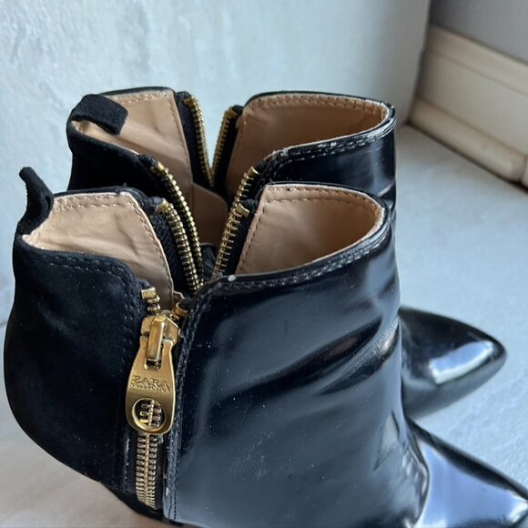 Zara Trafaluc black Leather suede zip-up ankle booties EU 37 gold hardware - Picture 4 of 10
